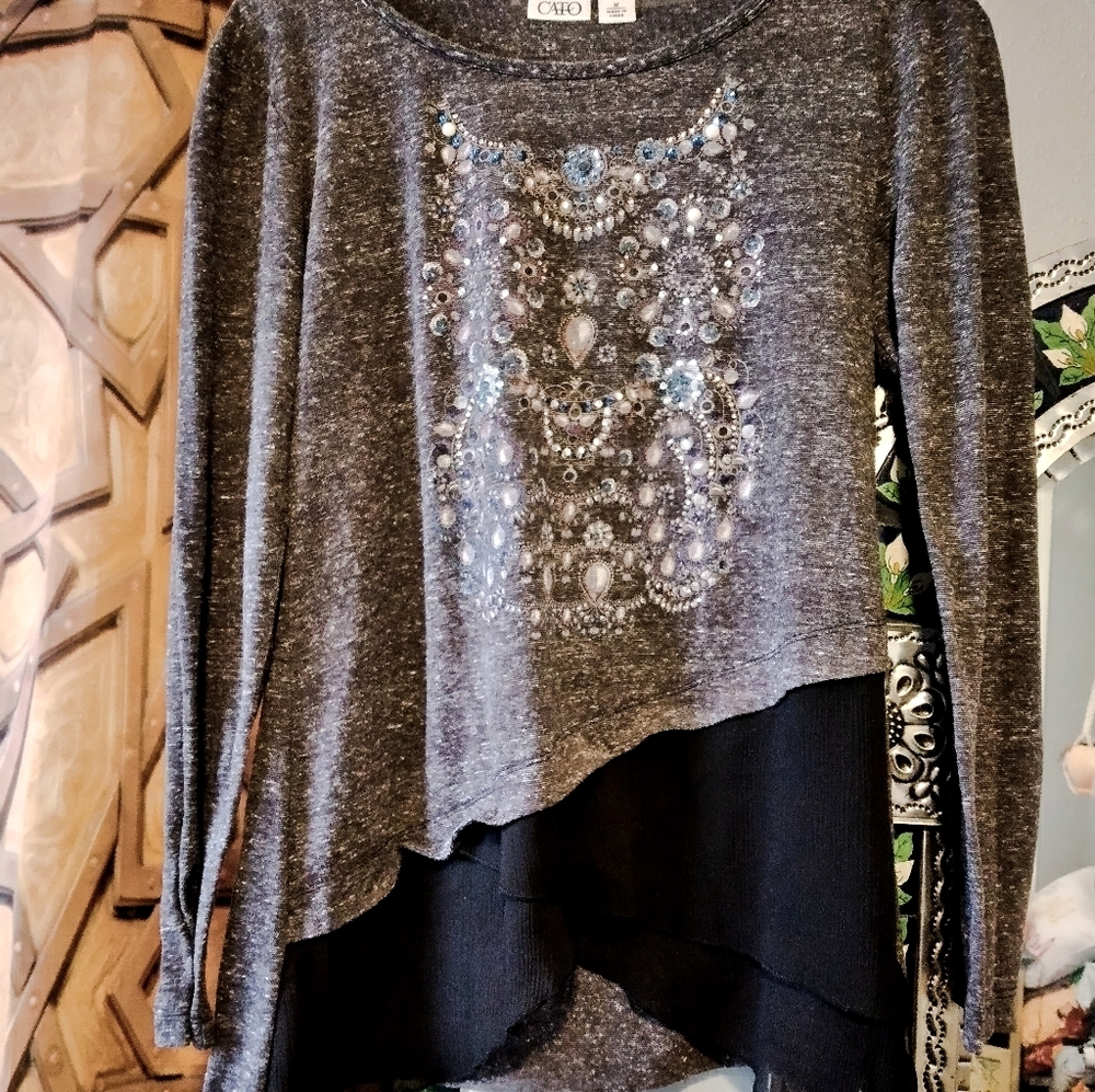 Cato Dark Gray Owl gem embellished hi-lo tunic